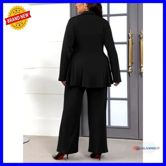 Plus Size Two Piece Set Zip Up Peplum Jacket Wide Leg Pant Suits - Picture 5 of 7